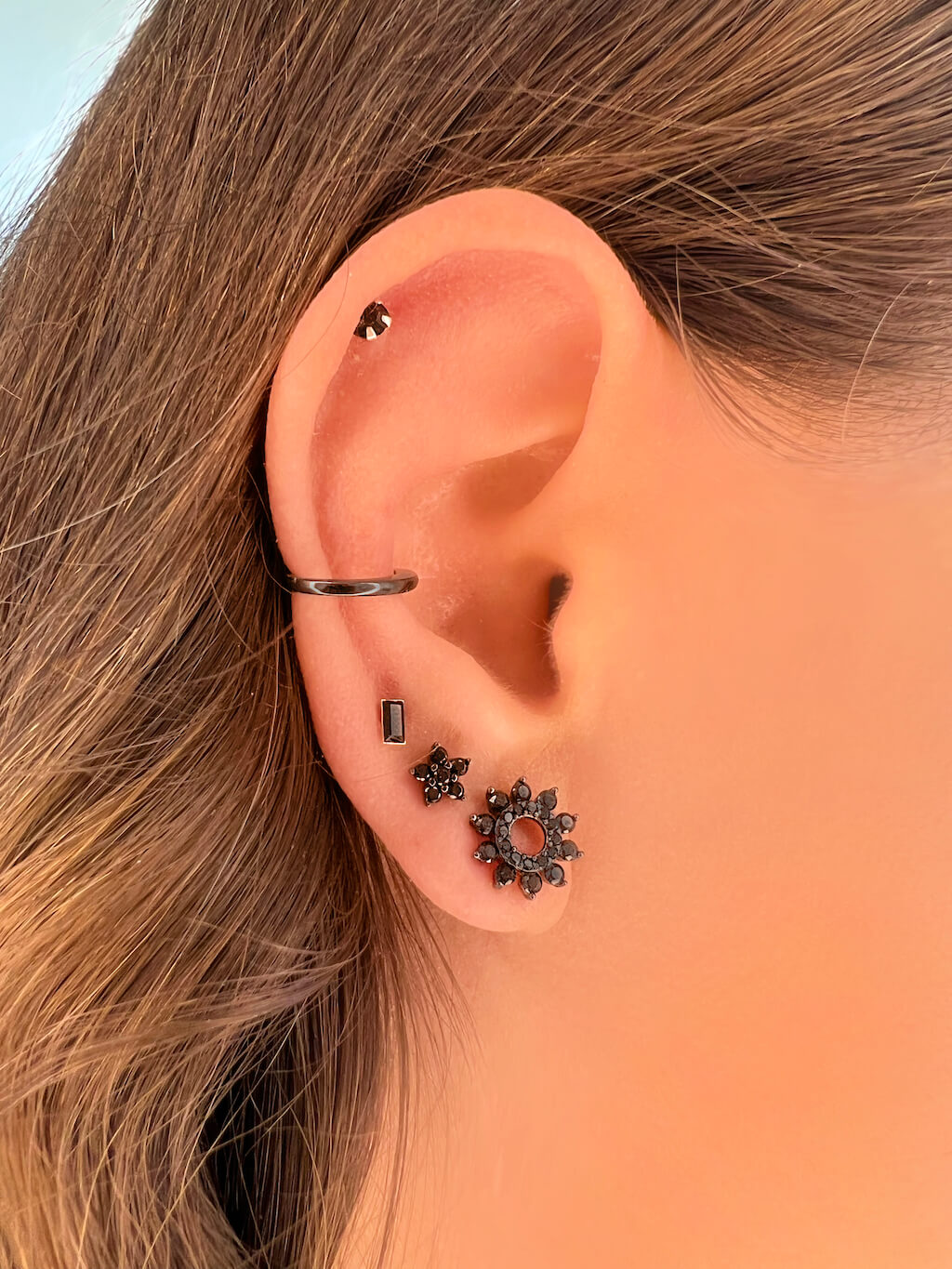 flower earring stud, sun earring stud, black earring stud