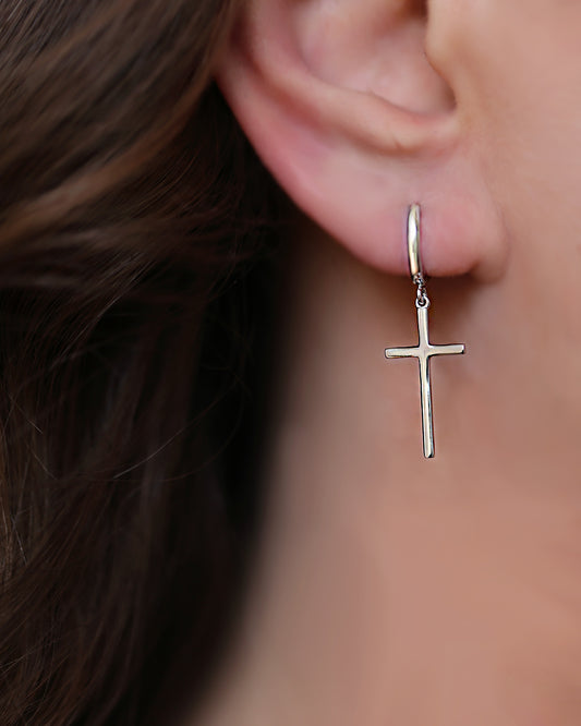 Cross ear hoops silver, earrings for men