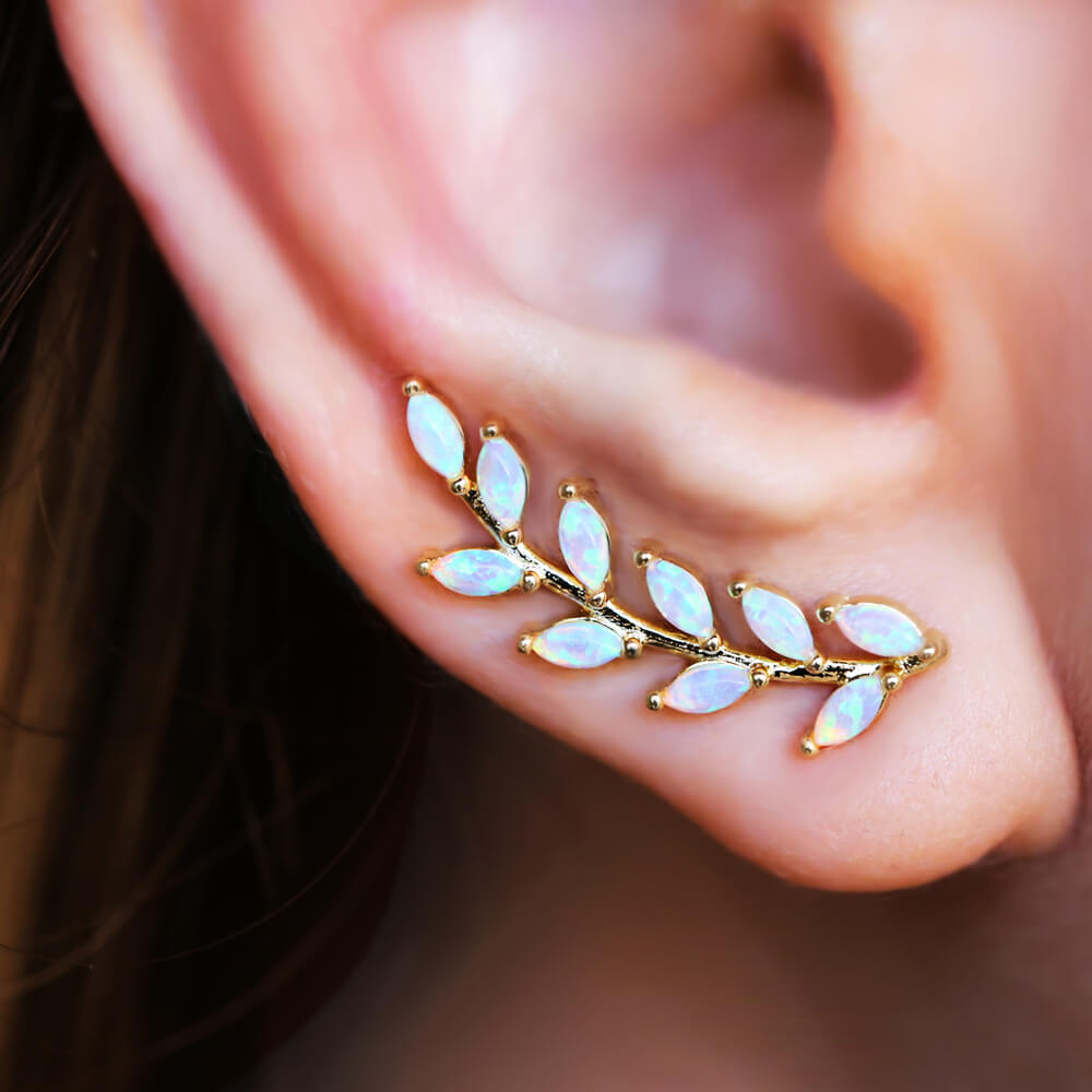 Gold Ear Crawler, Opal Ear climber, opal wedding earrings, Leaf Earrings, boucles d'oreille grimpante