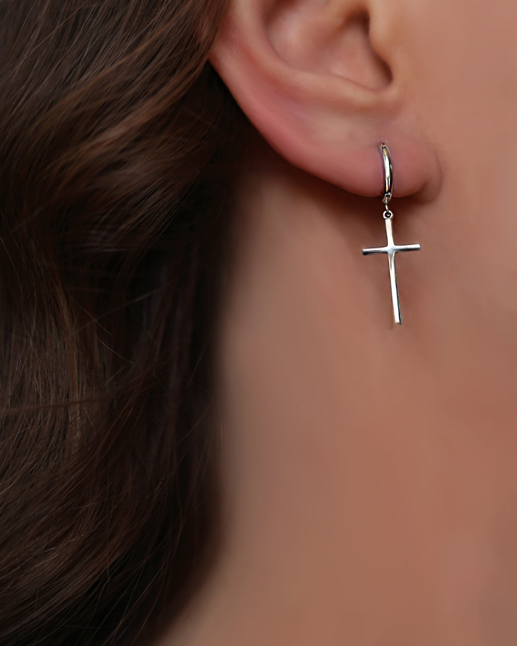 Plain cross earrings, silver cross ear hoops