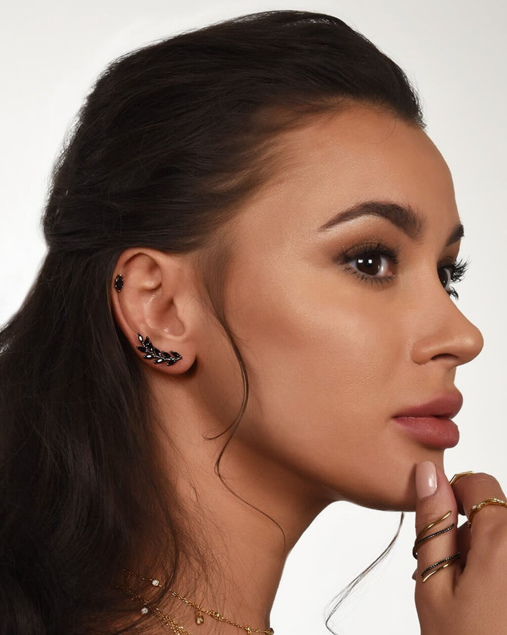 Black  Ear Climber, Olive leaf Earrings, VERENDI 