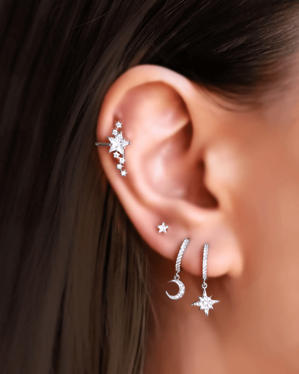star and moon earrings, gold moon earrings, star ear hoops