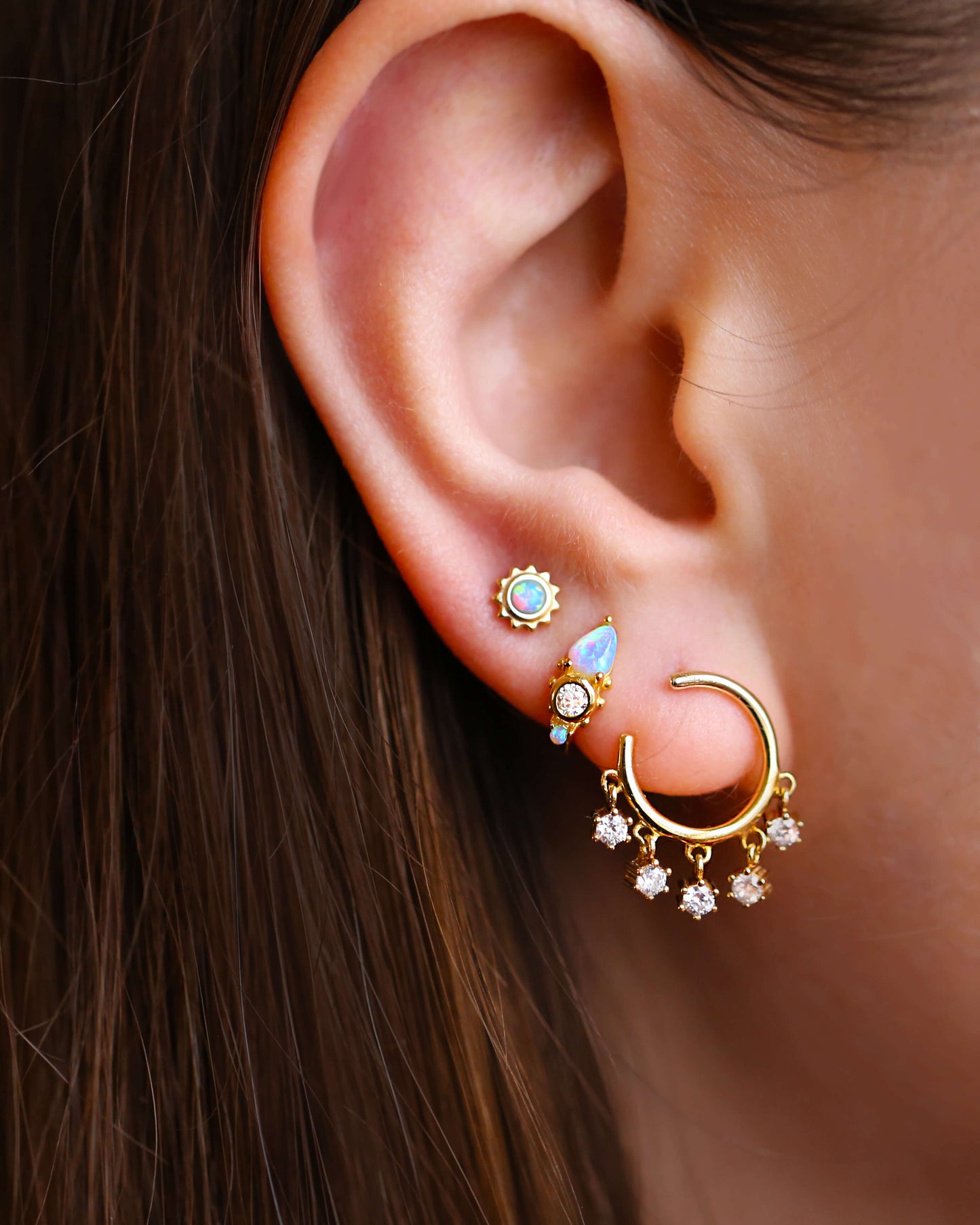 Gold Ear Studs with Dainty Drops