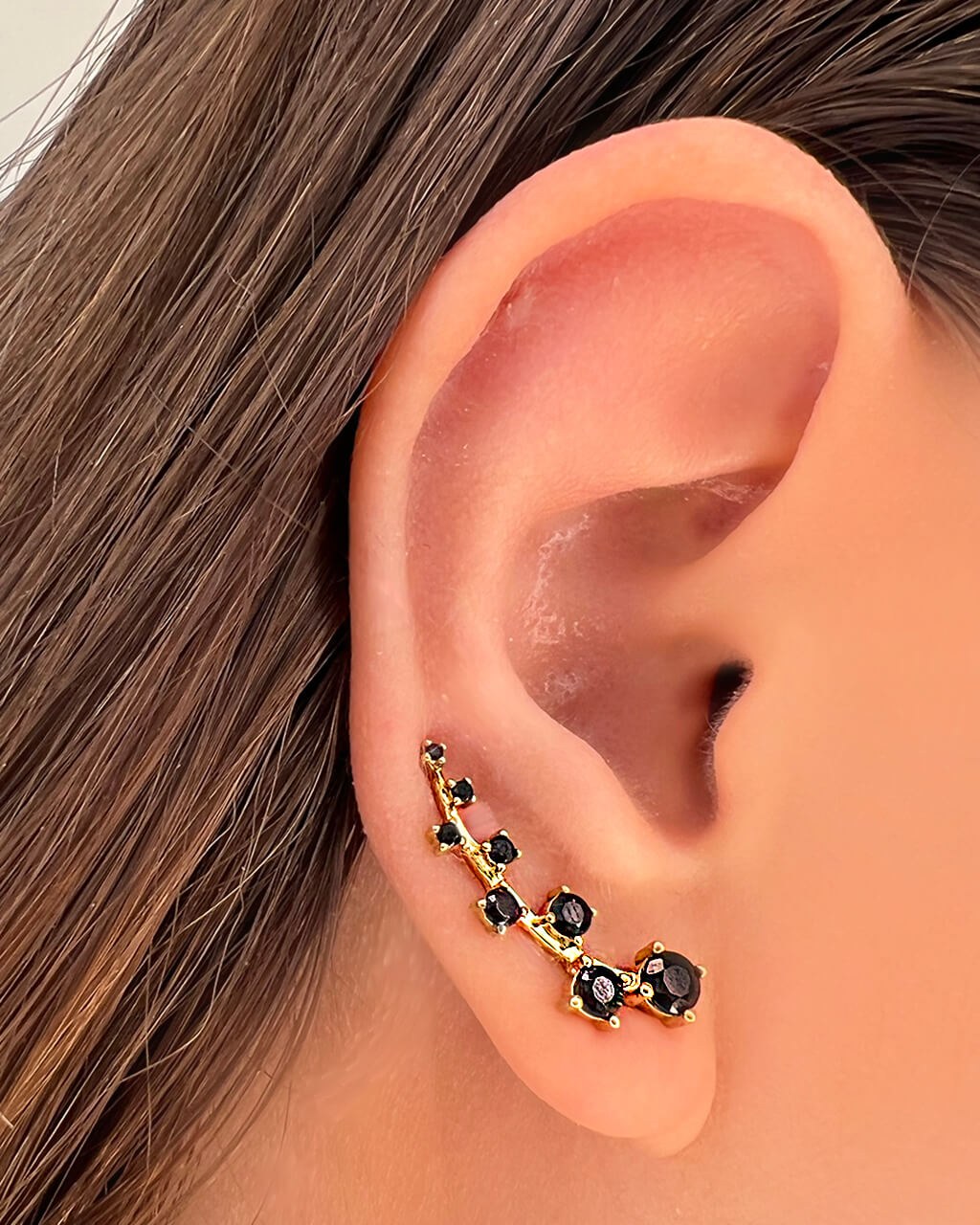 gold black ear climbers, black jewelry, ear crawler