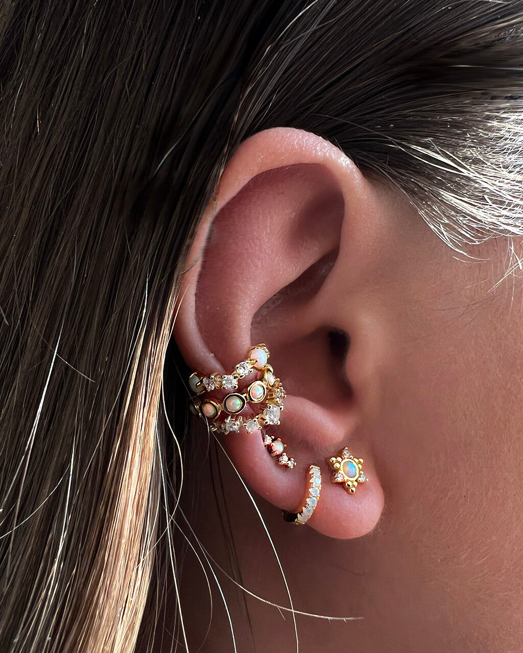 Opal Huggie Hoop Earrings • gold conch hoop • cartilage ear cuff