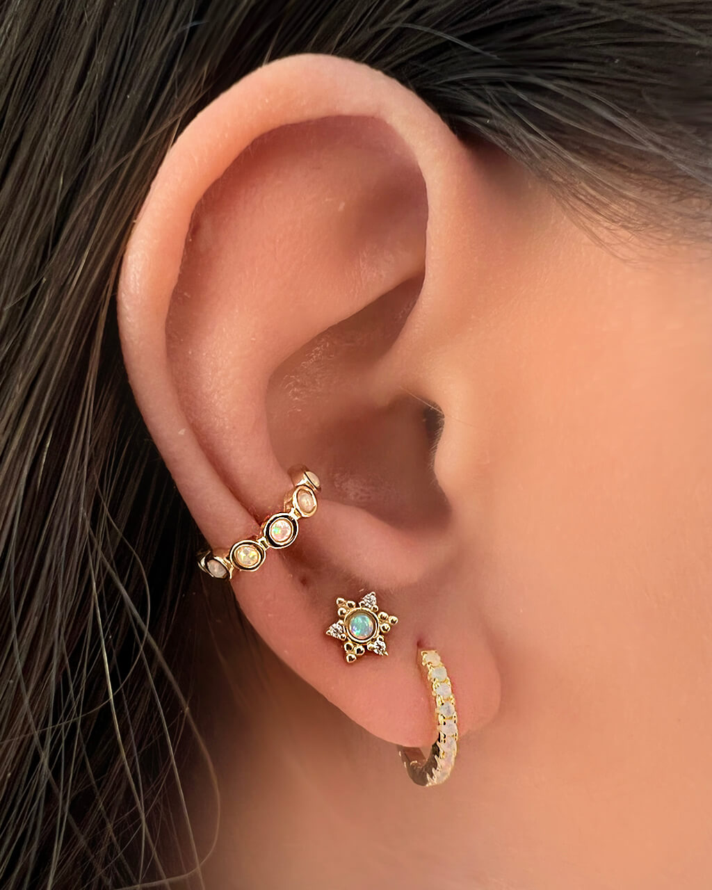 opal ear cuffs, set of opal earrings, opal hoops, opal studs
