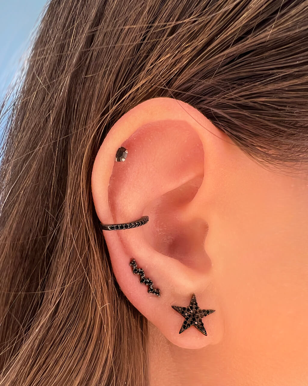 VERENDI, black jewelry, black star earrings, cartilage ear cuff, ear climbers, helix earrings