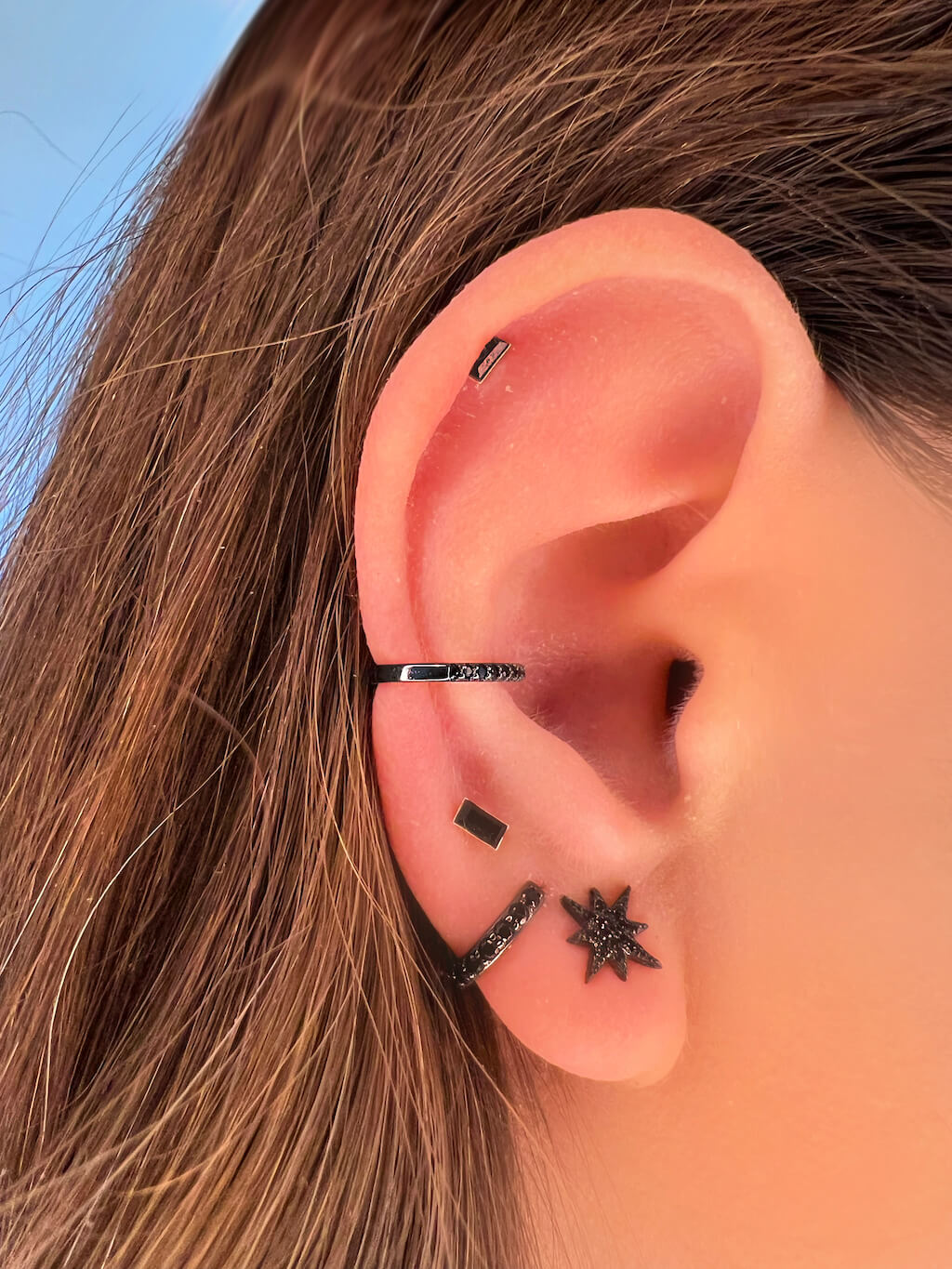 set of earrings, black earrings, small black hoop earrings