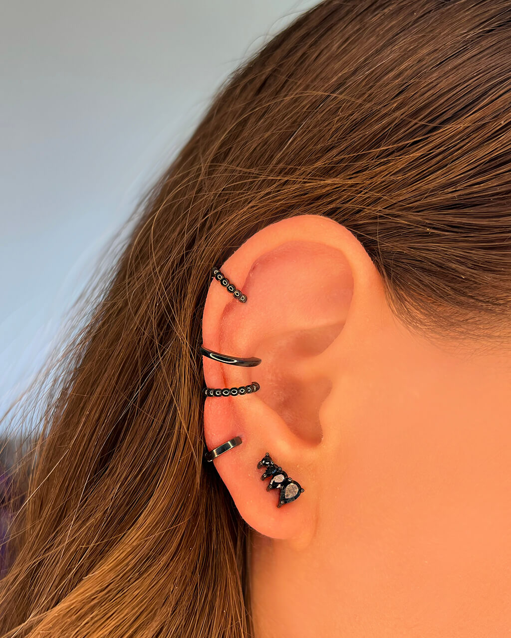 set black earrings, Black huggie hoops,  black earr cuff,