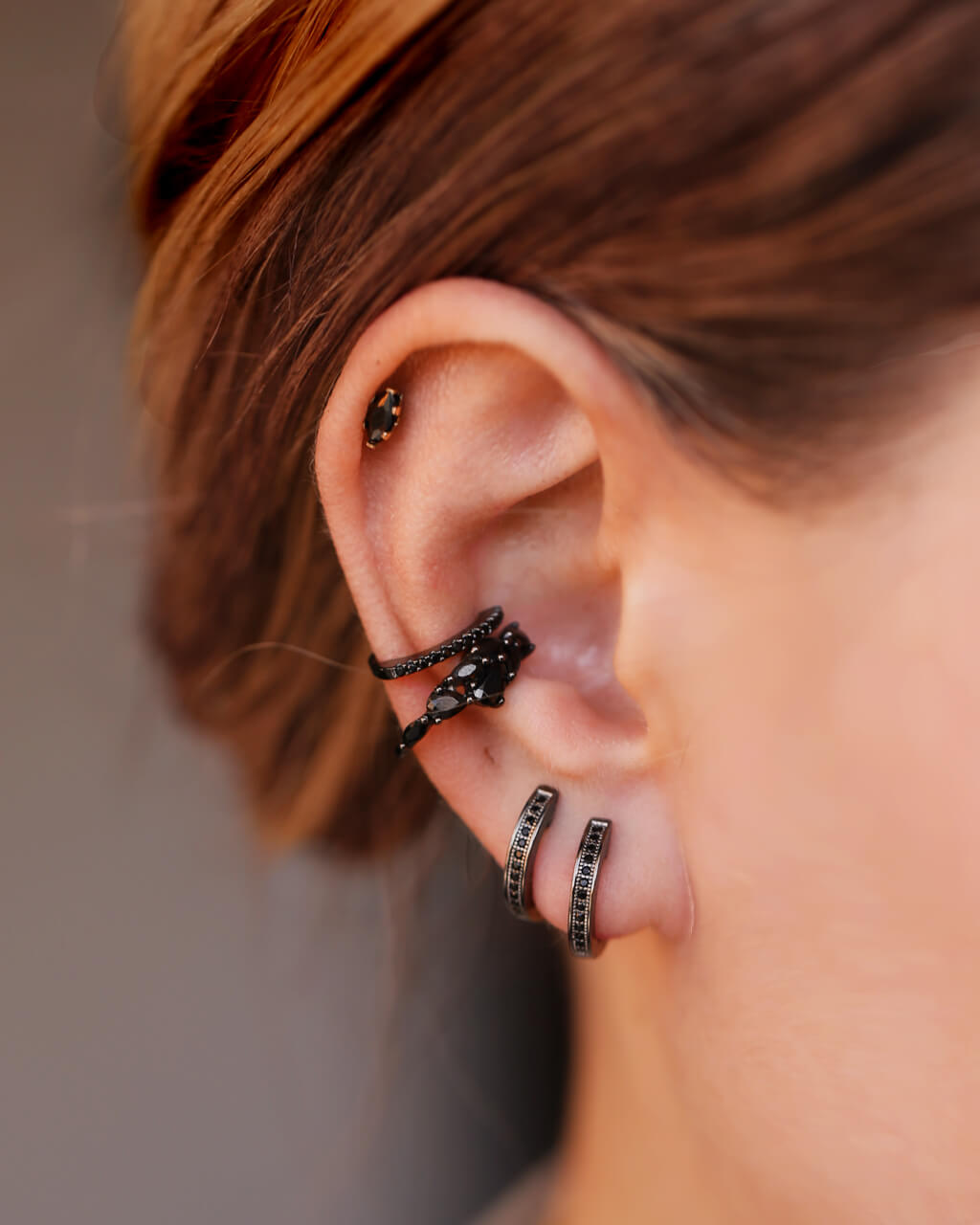 Black Cartilage Earring, silver ear cuff