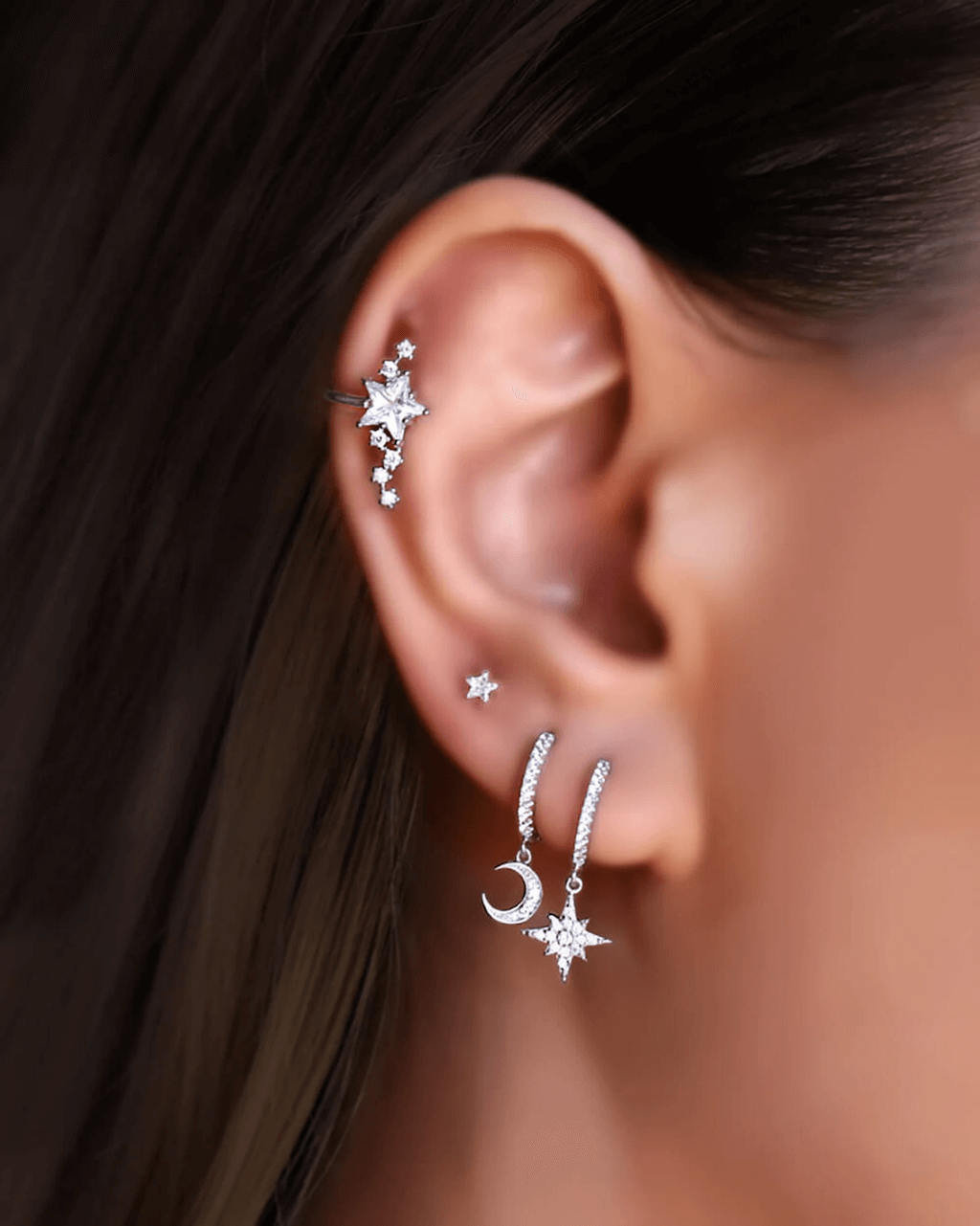 huggie hoops, silver moon and star ear hoops, celestial earrings