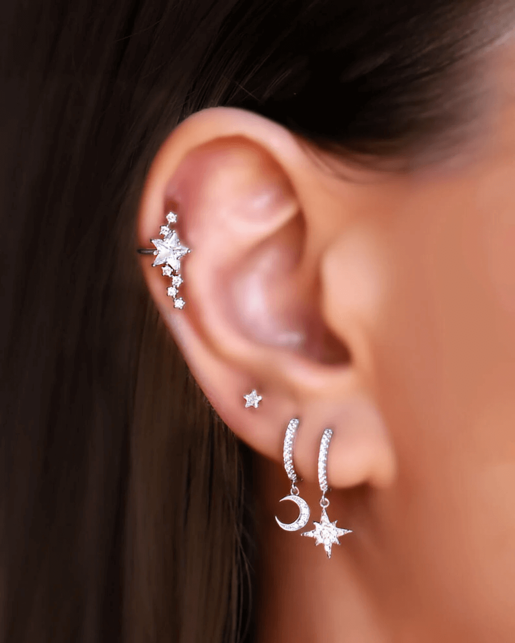 set star and moon earrings, silver moon earrings, star ear hoops