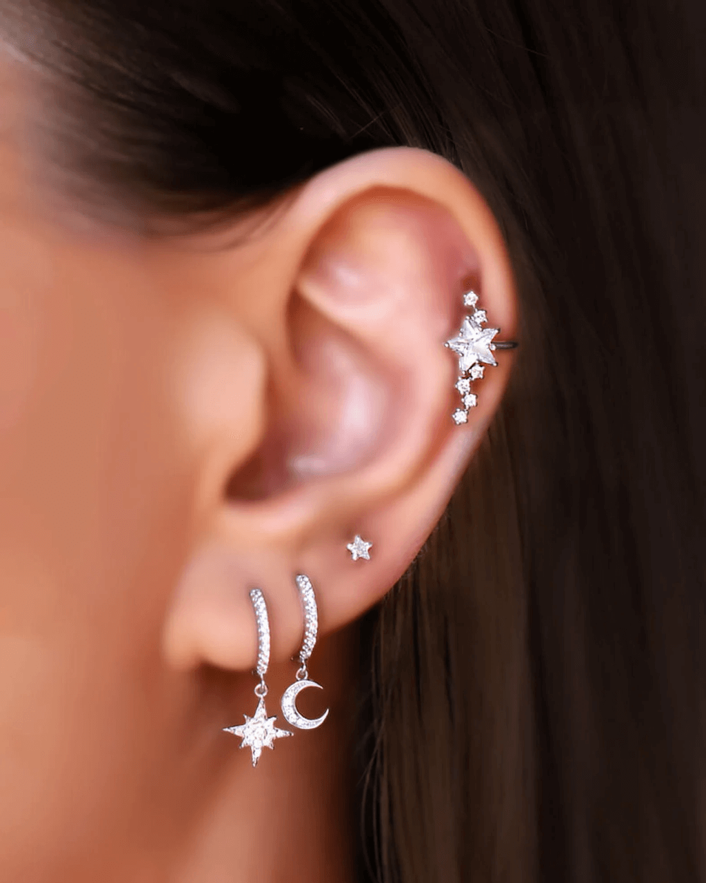 set star and moon earrings, silver moon earrings, star ear hoops