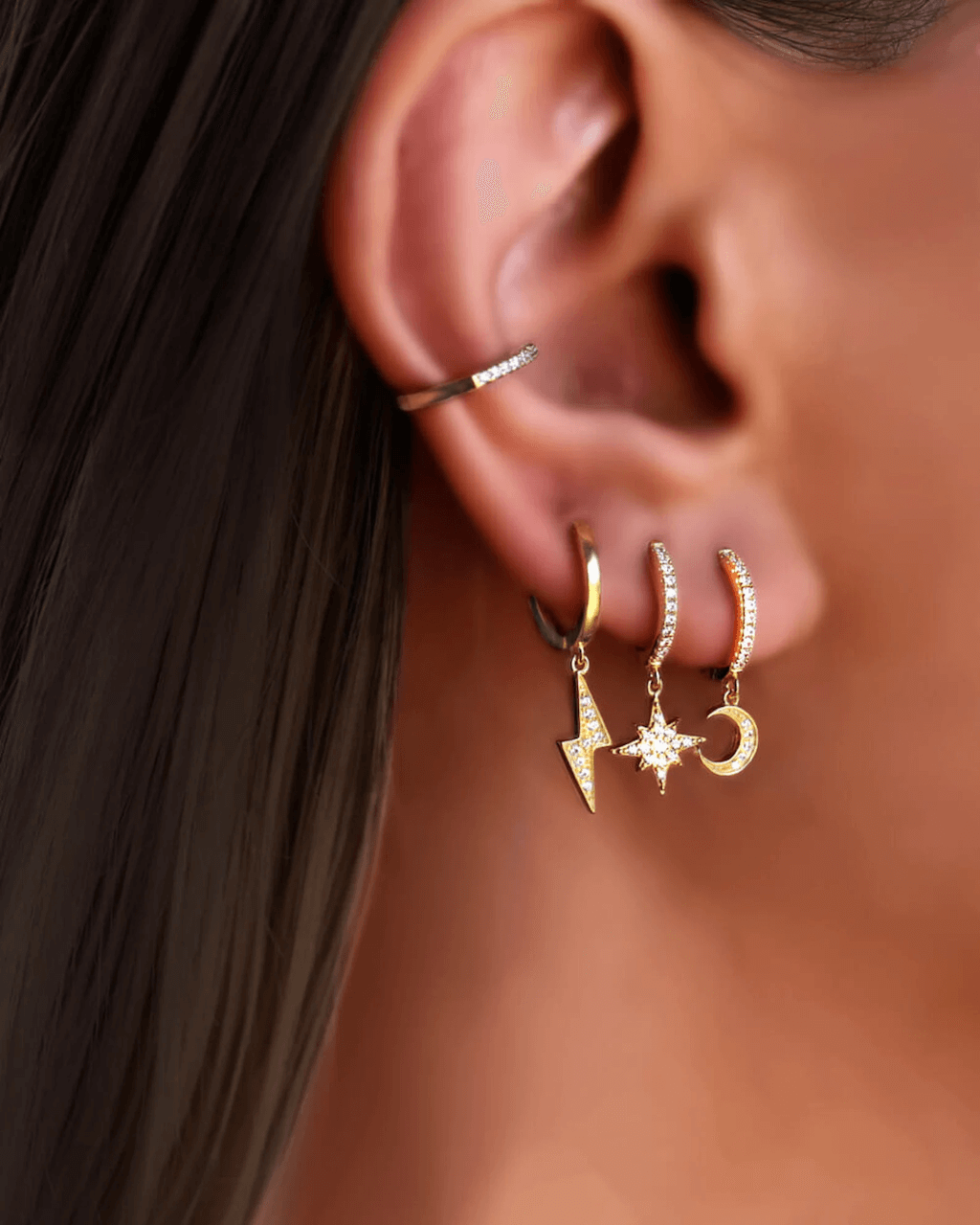 Moon and star earrings, celestial earrings, ear cuff, Small hoops 