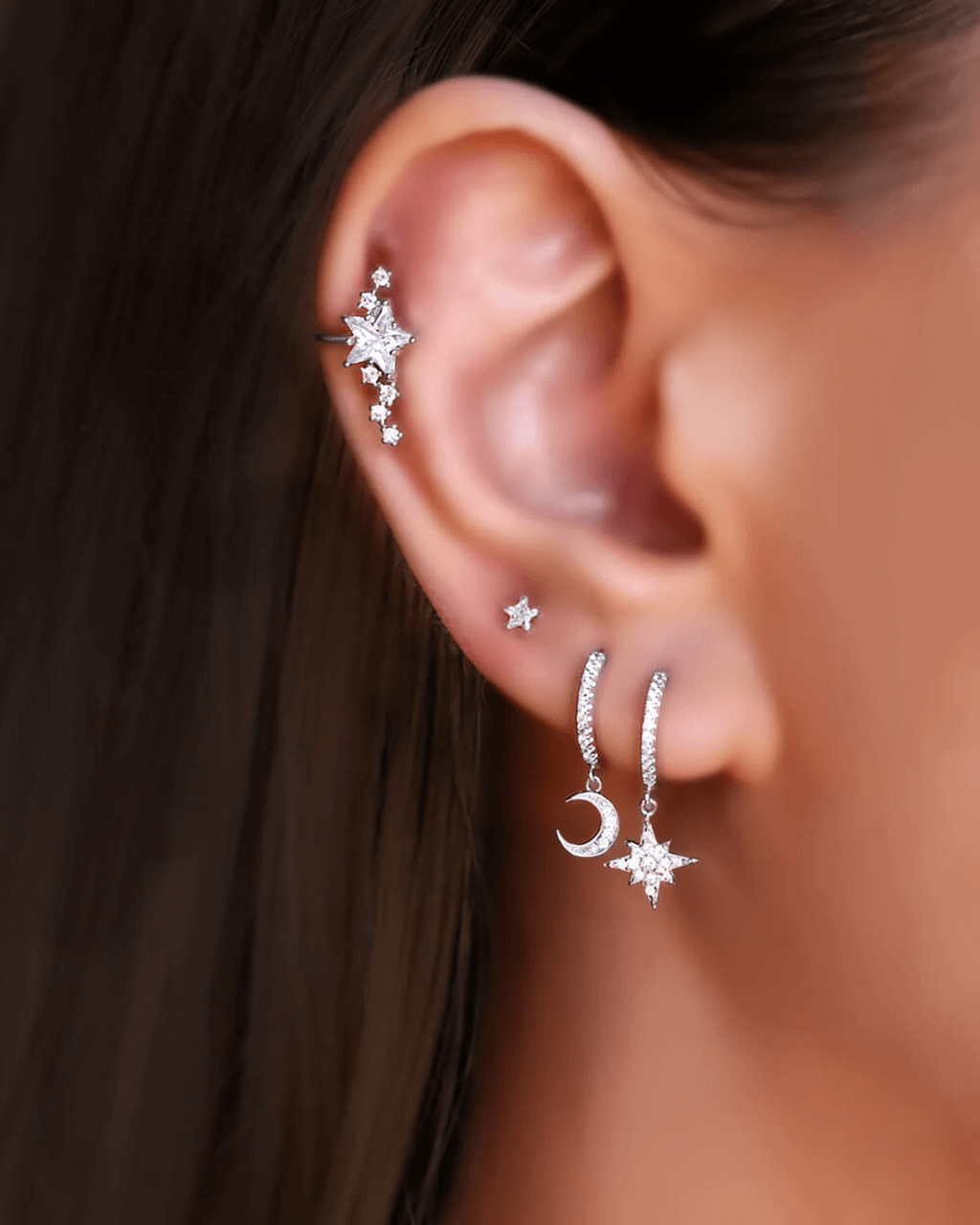 Moon and star earrings, star cuff, stars tiny studs