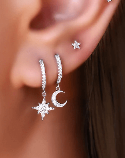 silver hoops, Moon and star earrings, gold moon earrings