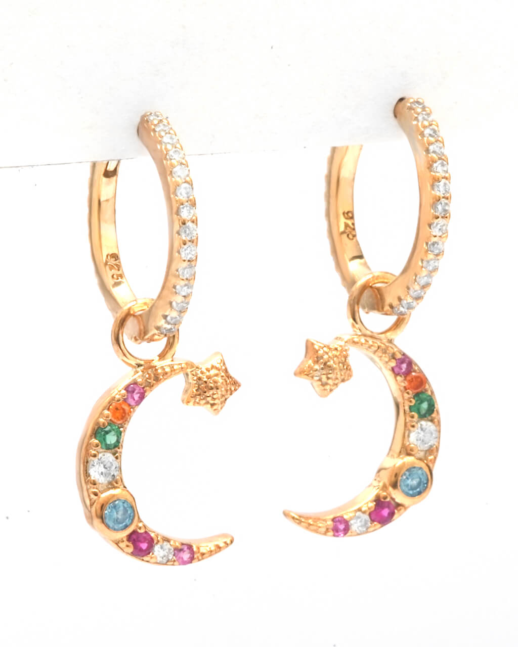 Multicolor hoops, moon star earrings, celestial earrings,
