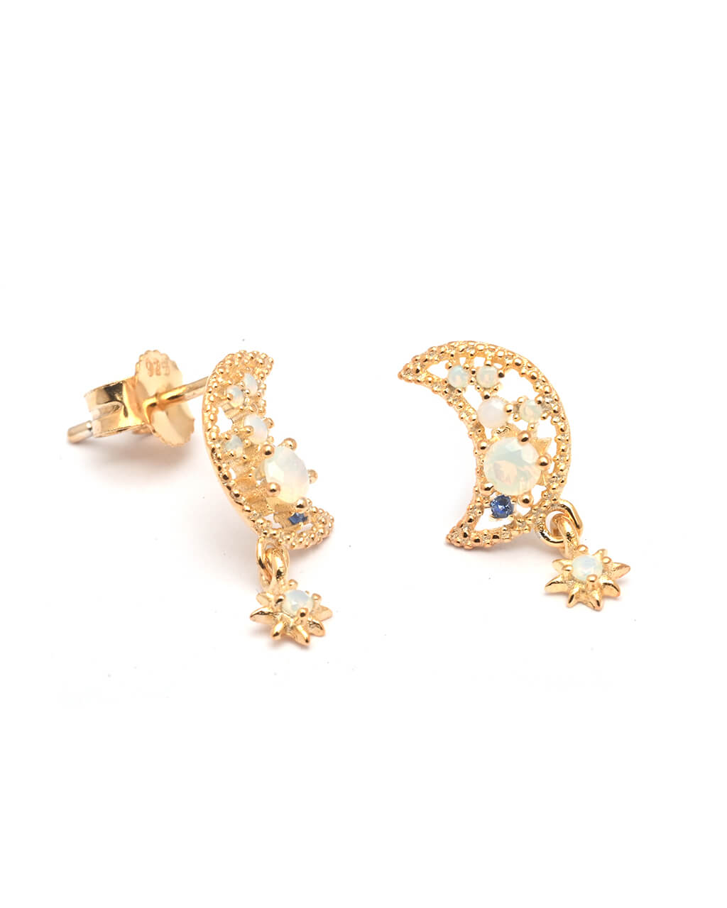 Opal moon star stud Earrings, Small Gold stud Earrings, Opal stud