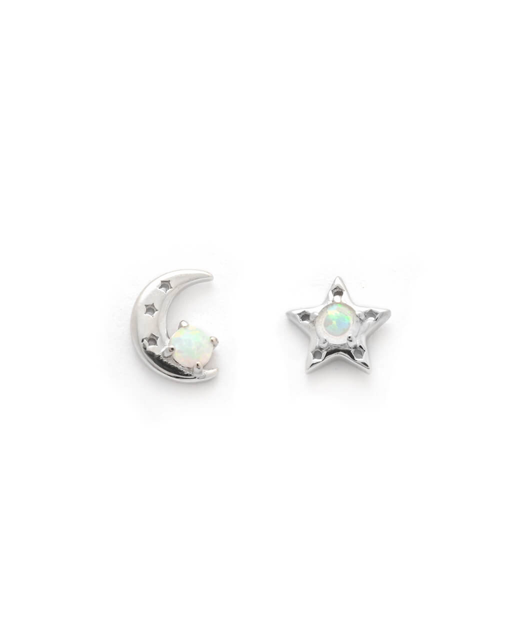 Silver moon star studs, tiny earrings with opals