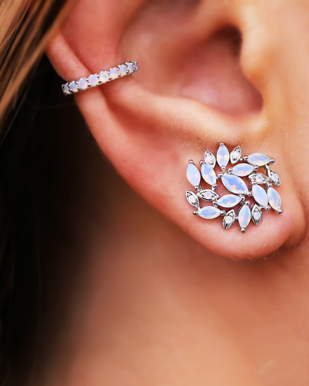 Silver opal ear studs