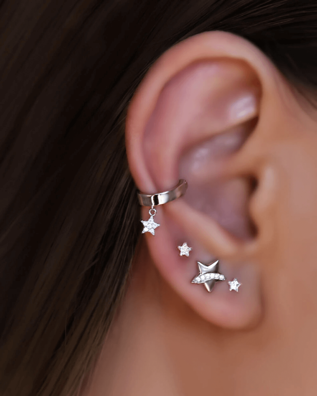 Silver star earrings, small celestial earrings, star silver cuffs