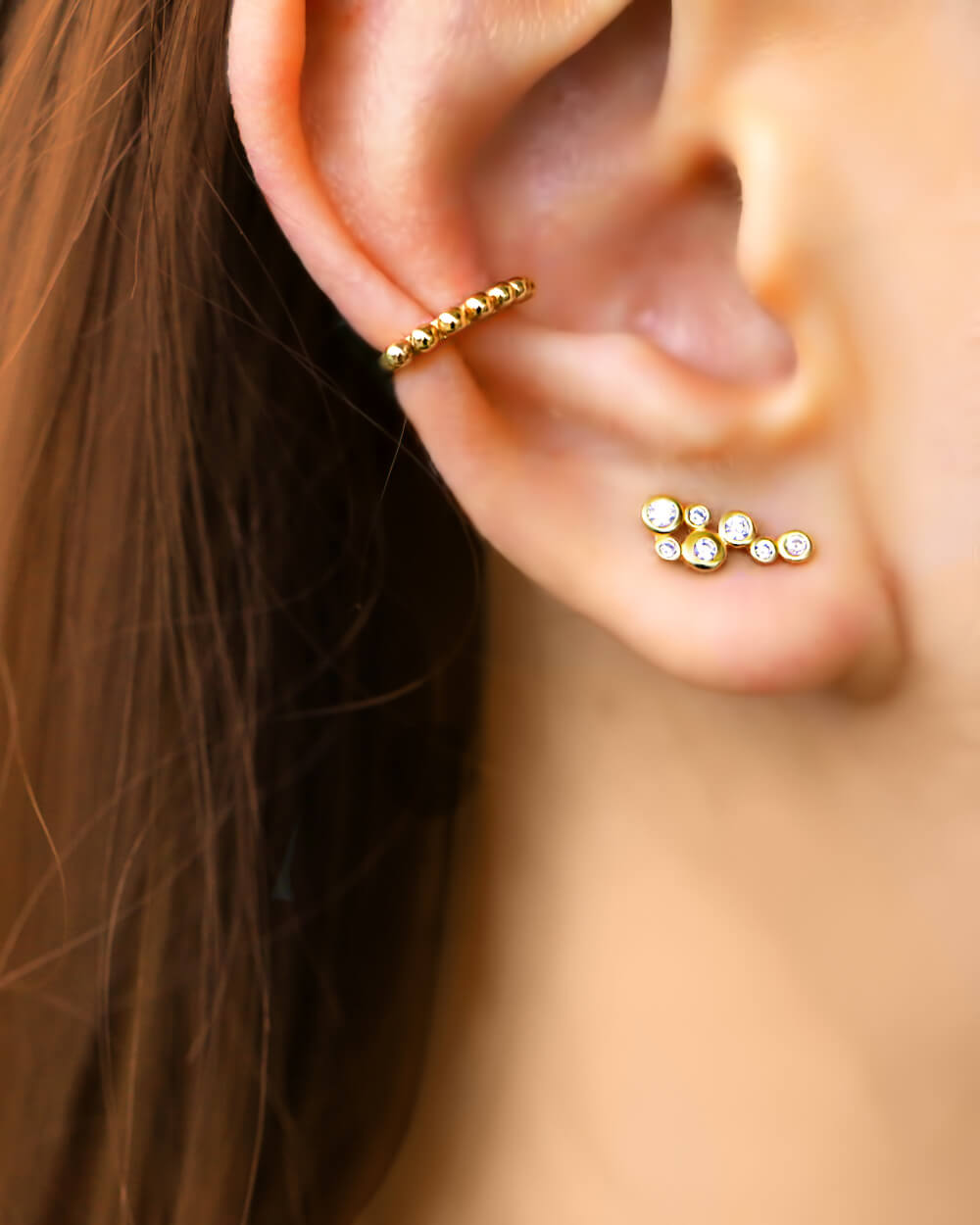 gold stud earrings, beads ear cuffs, ear stack