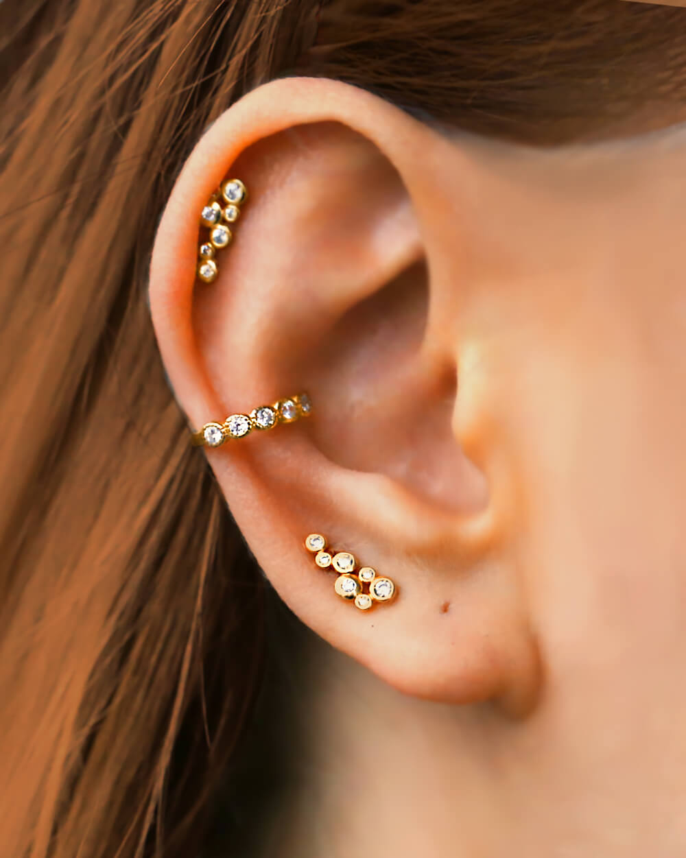 gold stud earrings, bubble ear studs, ear stack, ear cuff