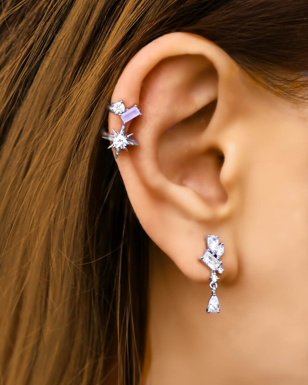 Drop studs, rose quartz earrings, Cuff earrings