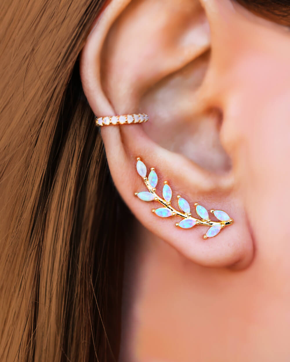 Opal Gold Ear Crawler, Ear climber, wedding earrings, Gold Leaf Earrings, VERENDI 