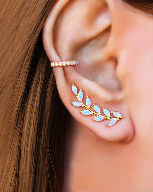 Opal Gold Ear Crawler, Ear climber, wedding earrings, Gold Leaf Earrings, VERENDI 