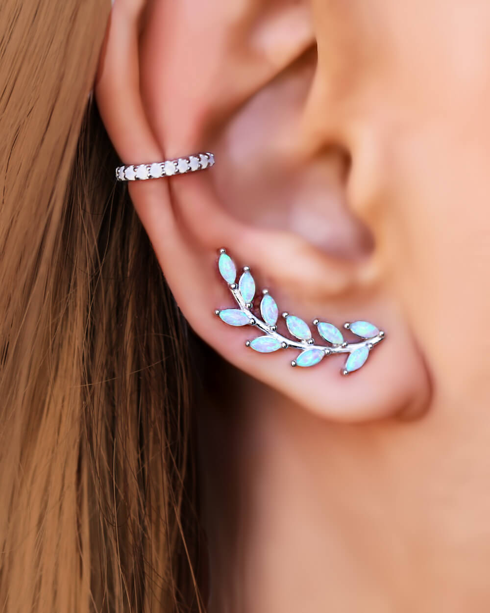 Opal Ear Crawler, Ear climber, Gold Leaf Earrings, orecchini rampicanti 