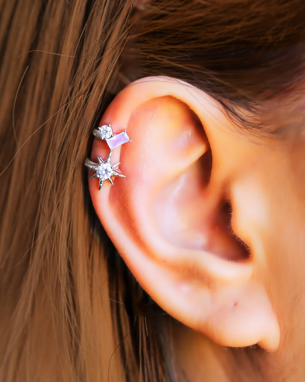 Drop studs, rose quartz earrings, cartilage Cuff earrings