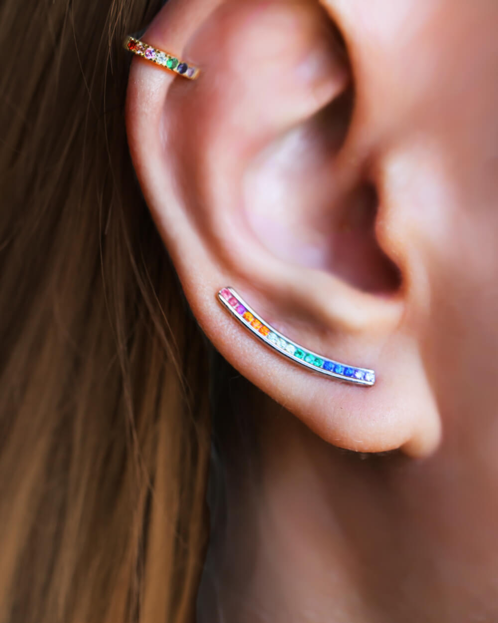 cartilage hoop • small helix hoop • huggie hoops, rainbow pin